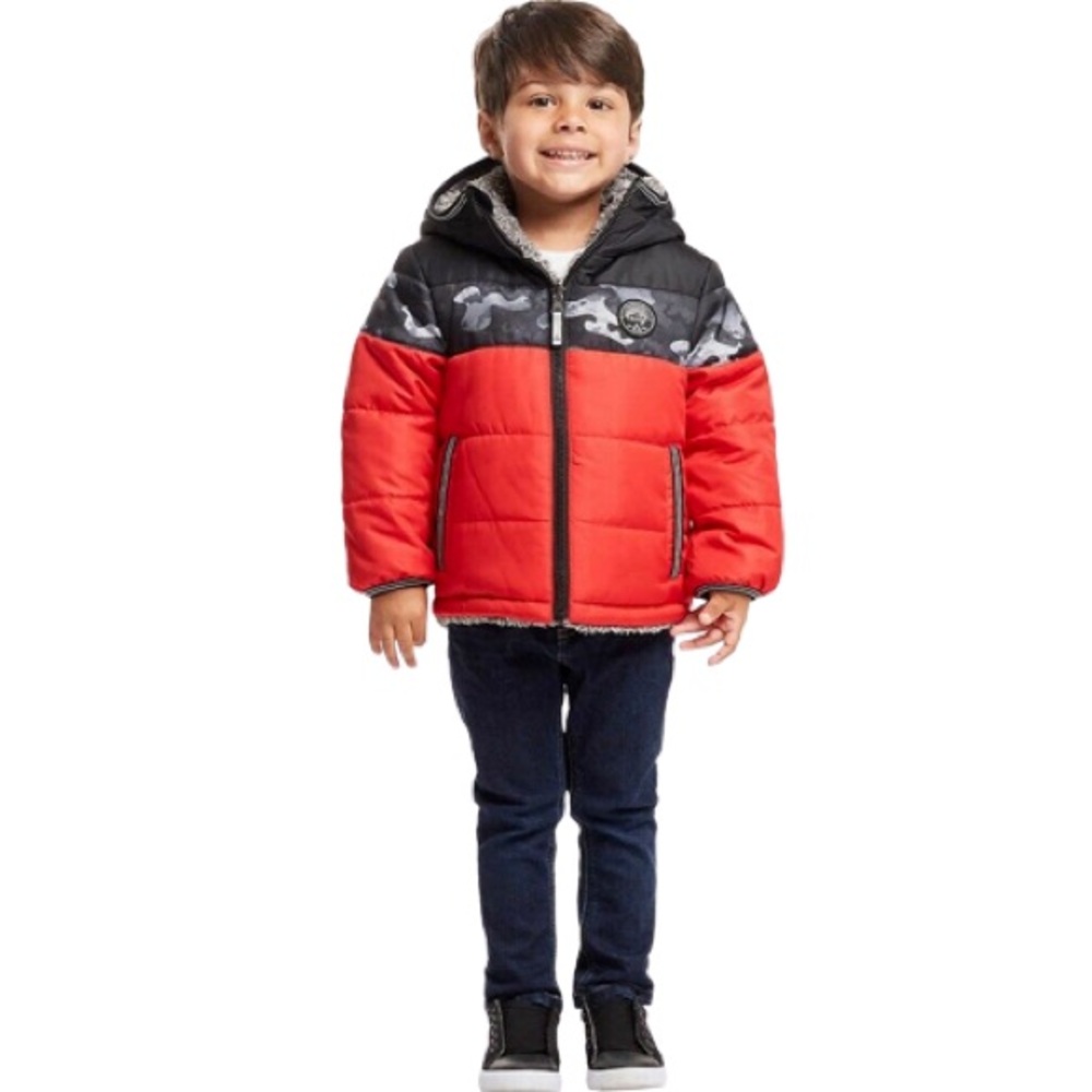 Gerry Boys Reversible Winter Puffer Jacket w Hood, Red Black Camo Coat, Size 2T